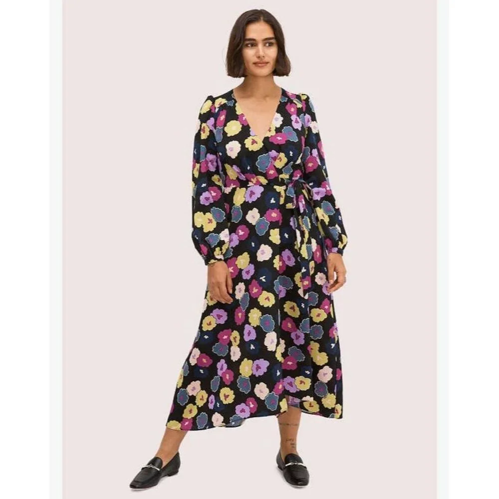 NEW Kate Spade Winter Garden Midi in Black Floral Print Wrap Dress Size 6